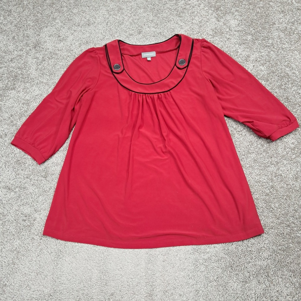 Essentials Red 3/4 Sleeve Blouse Round Neck Button‎ Accent Top Plus Size 18/20